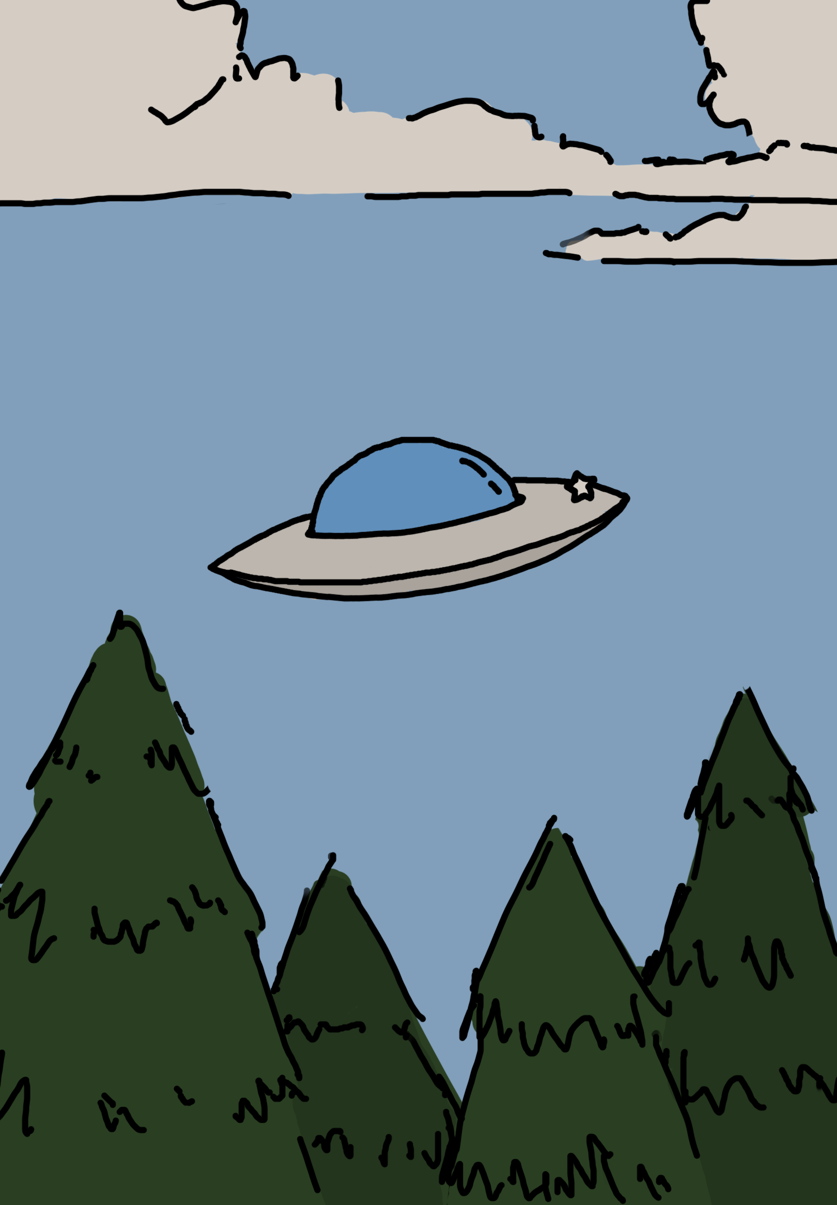 Simple poster used in the game UFO Chaser. A UFO flying over a pine forest.